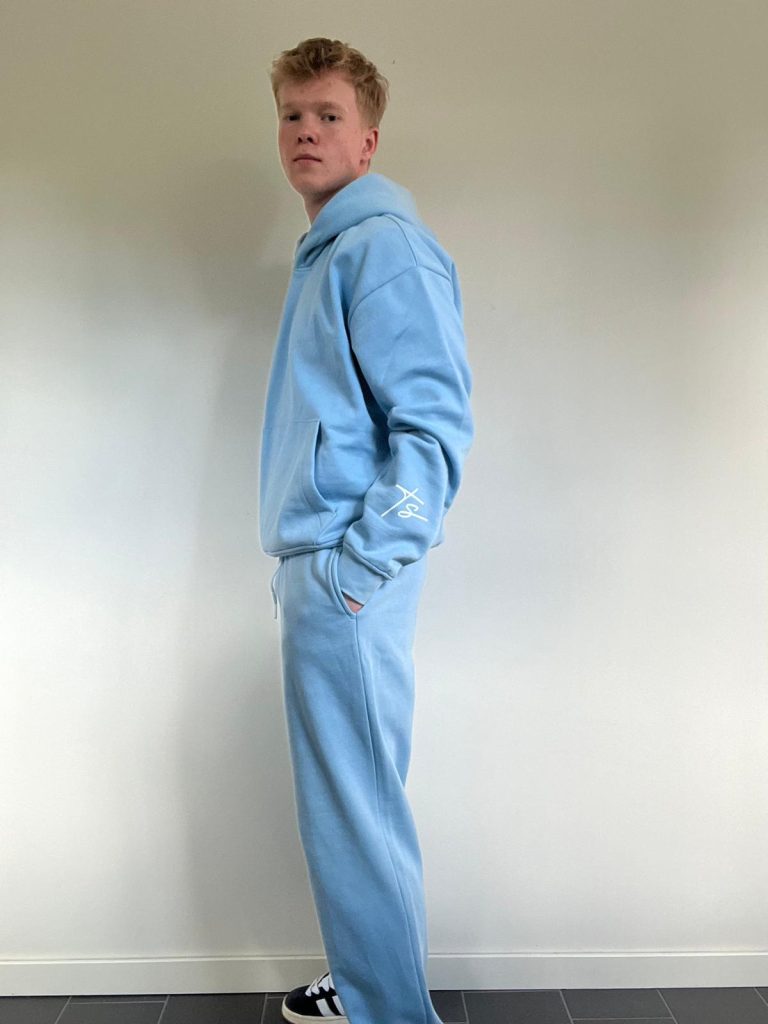 This is an image of Light Blue Hoodie and Straight Light Blue Sweatpants