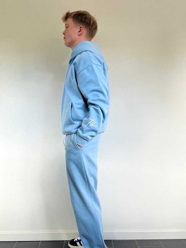 This is an image of Light Blue Hoodie and Straight Light Blue Sweatpants