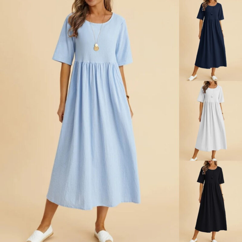 Women's Fashion Casual Loose Cotton Linen Round-neck Dress